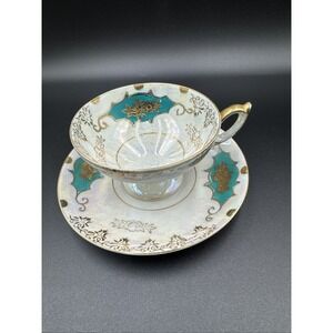 Vintage Lefton China Hand Painted Tea Cup/ Saucer Floral Teal/Gold -Japan